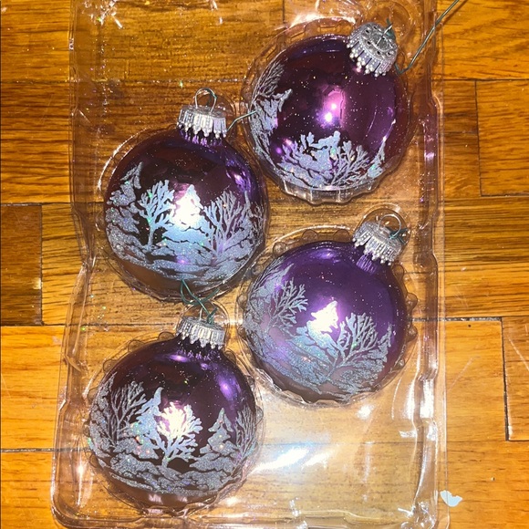 christmas by krebs Other - Purple Glass Holiday Ornaments With Silver Trees Set